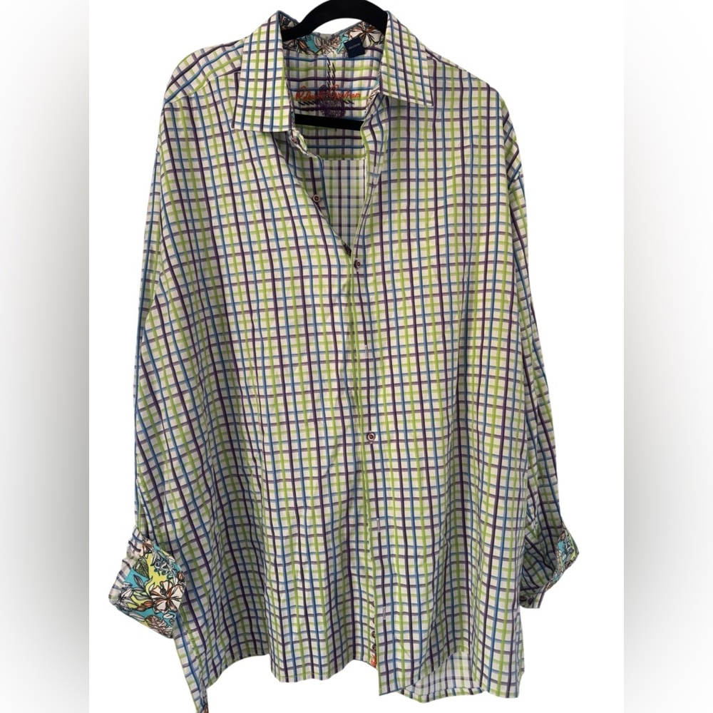 Robert Graham‎ Men 2XL Plaid Purple Green Button Down Hawaiian Flower Flip Cuffs